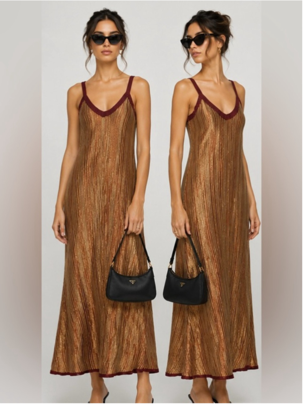 Zara Knit Metallic Pleated Midi Dress Gold Burgundy Size Large